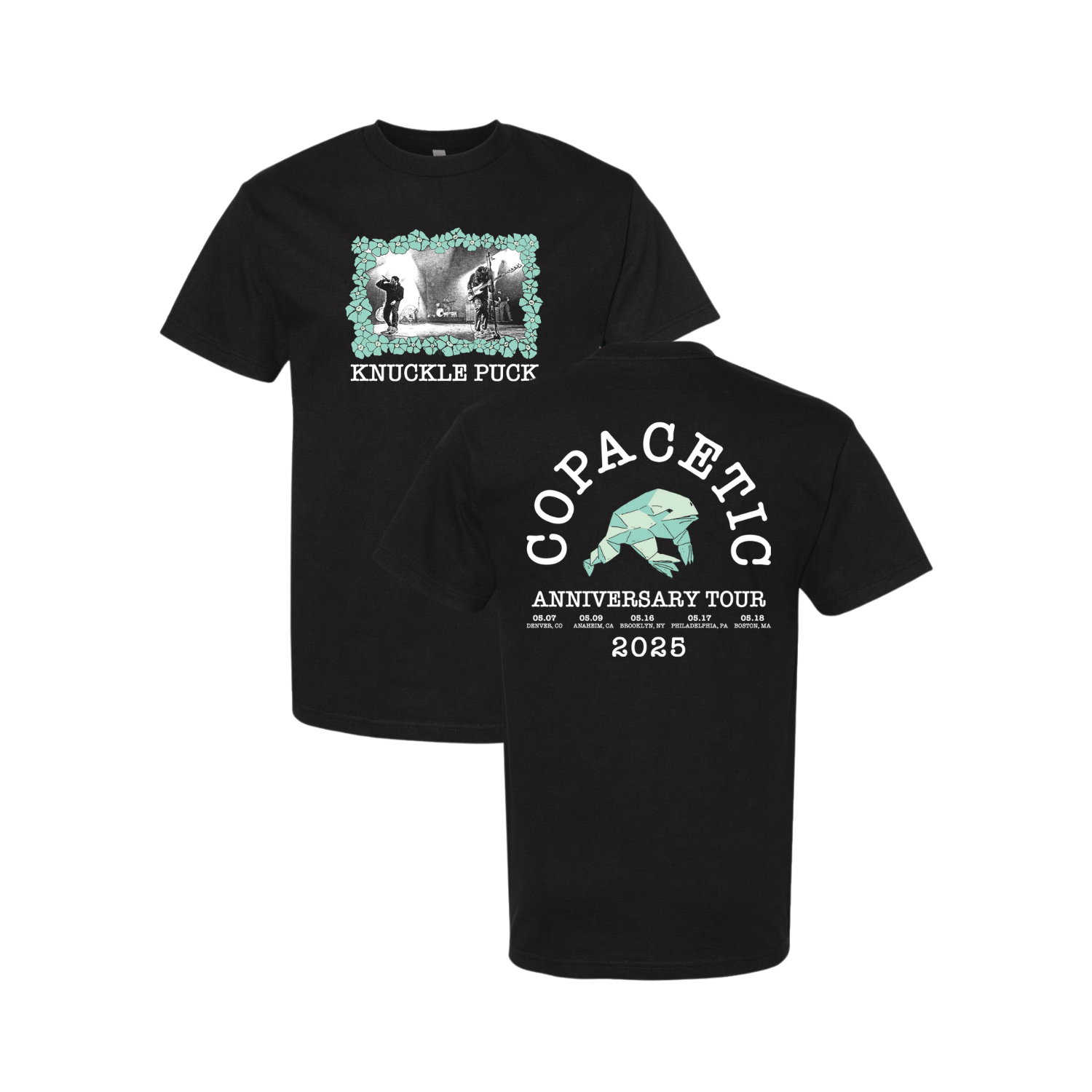 Official Knuckle Puck Merchandise. Black 100% cotton unisex style with a retail fit featuring a live band photo on the front and the Spring 2025 tour dates on the back.